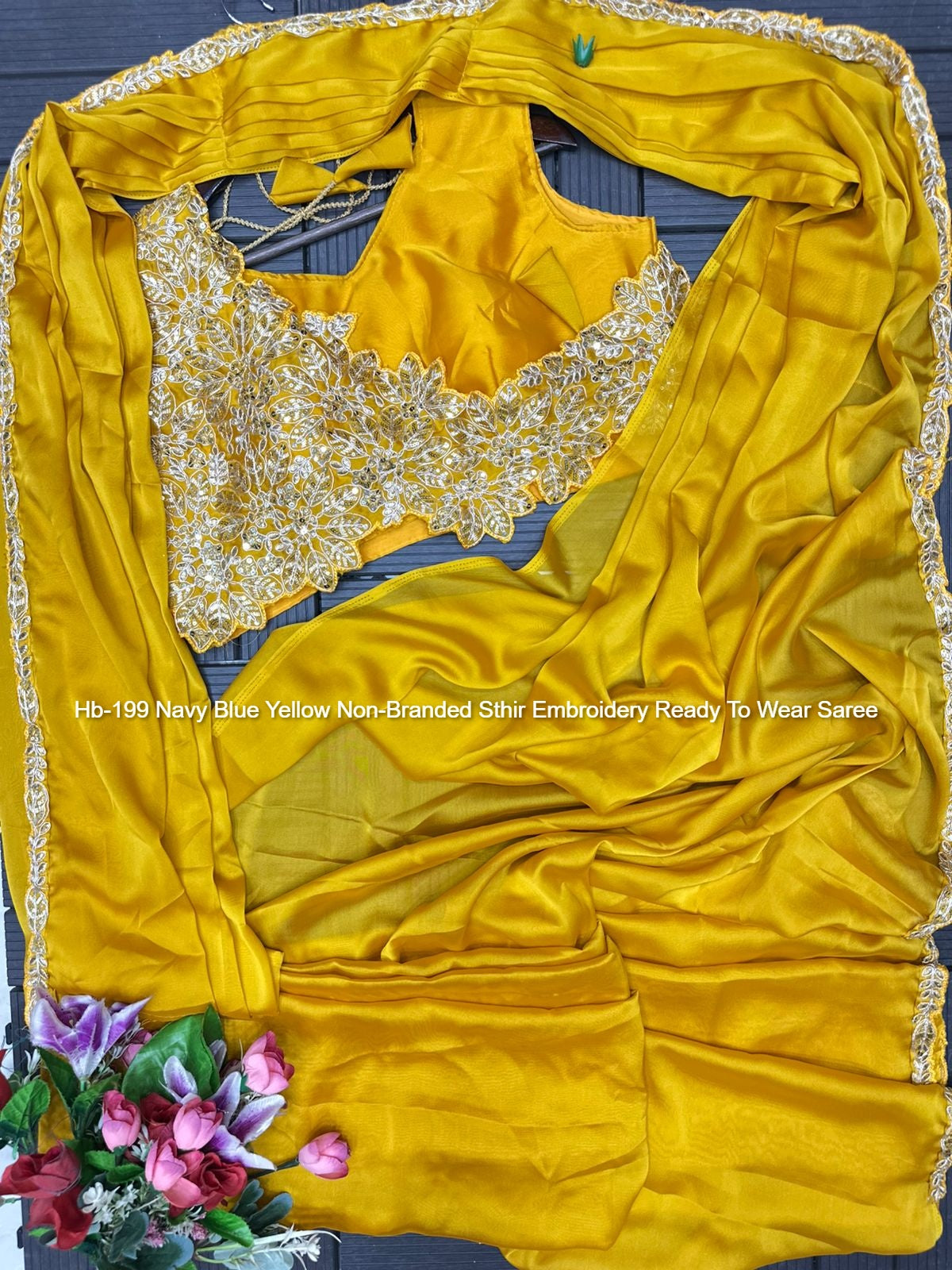 Hb-199 Navy Blue Yellow Non-Branded Sthir Embroidery Ready To Wear Saree