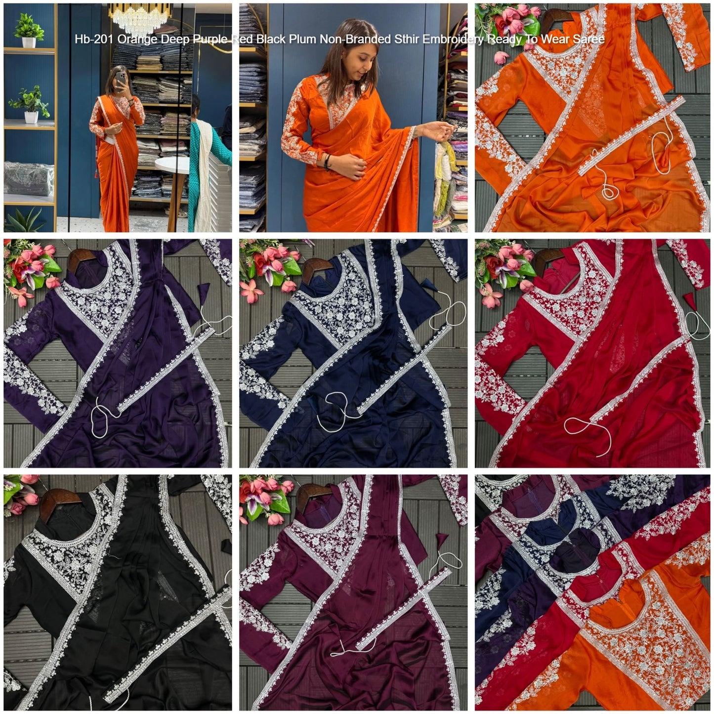 Hb-201 Orange Deep Purple Red Black Plum Non-Branded Sthir Embroidery Ready To Wear Saree