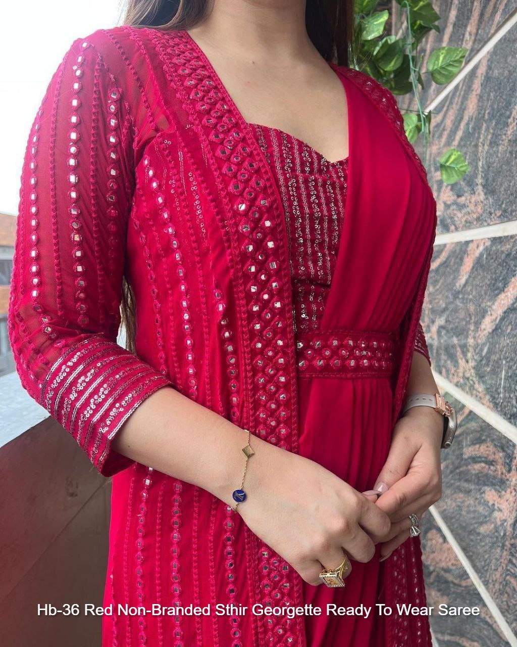 Hb-36 Red Non-Branded Sthir Georgette Ready To Wear Saree