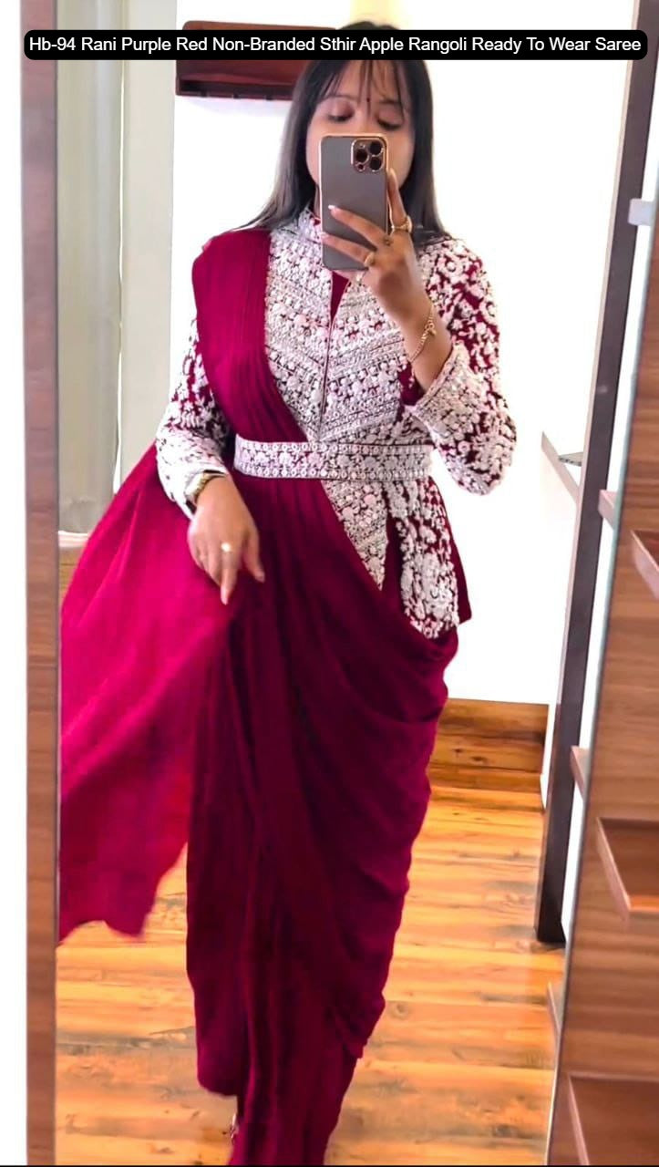 Hb-94 Rani Purple Red Non-Branded Sthir Apple Rangoli Ready To Wear Saree