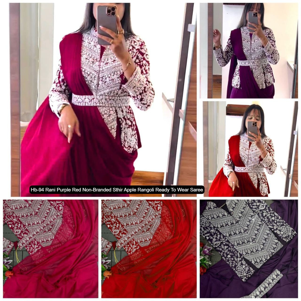 Hb-94 Rani Purple Red Non-Branded Sthir Apple Rangoli Ready To Wear Saree