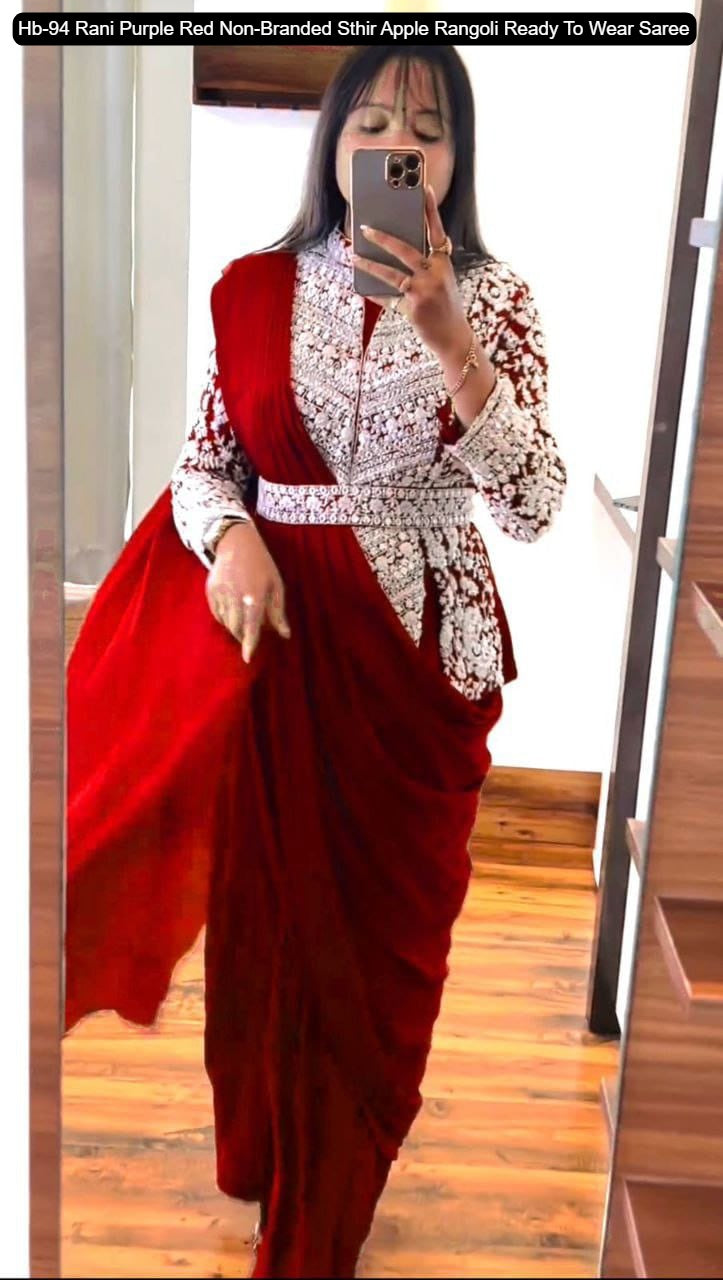 Hb-94 Rani Purple Red Non-Branded Sthir Apple Rangoli Ready To Wear Saree