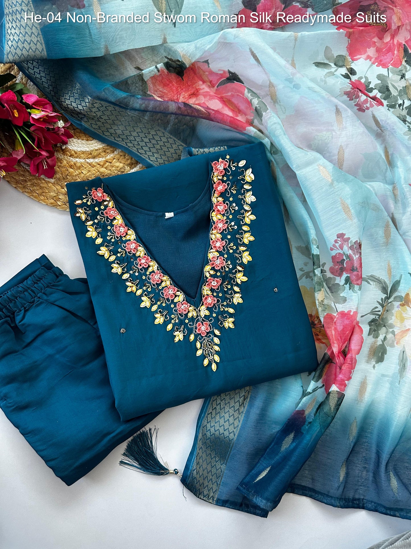 He-04 Non-Branded Stwom Roman Silk Readymade Suits