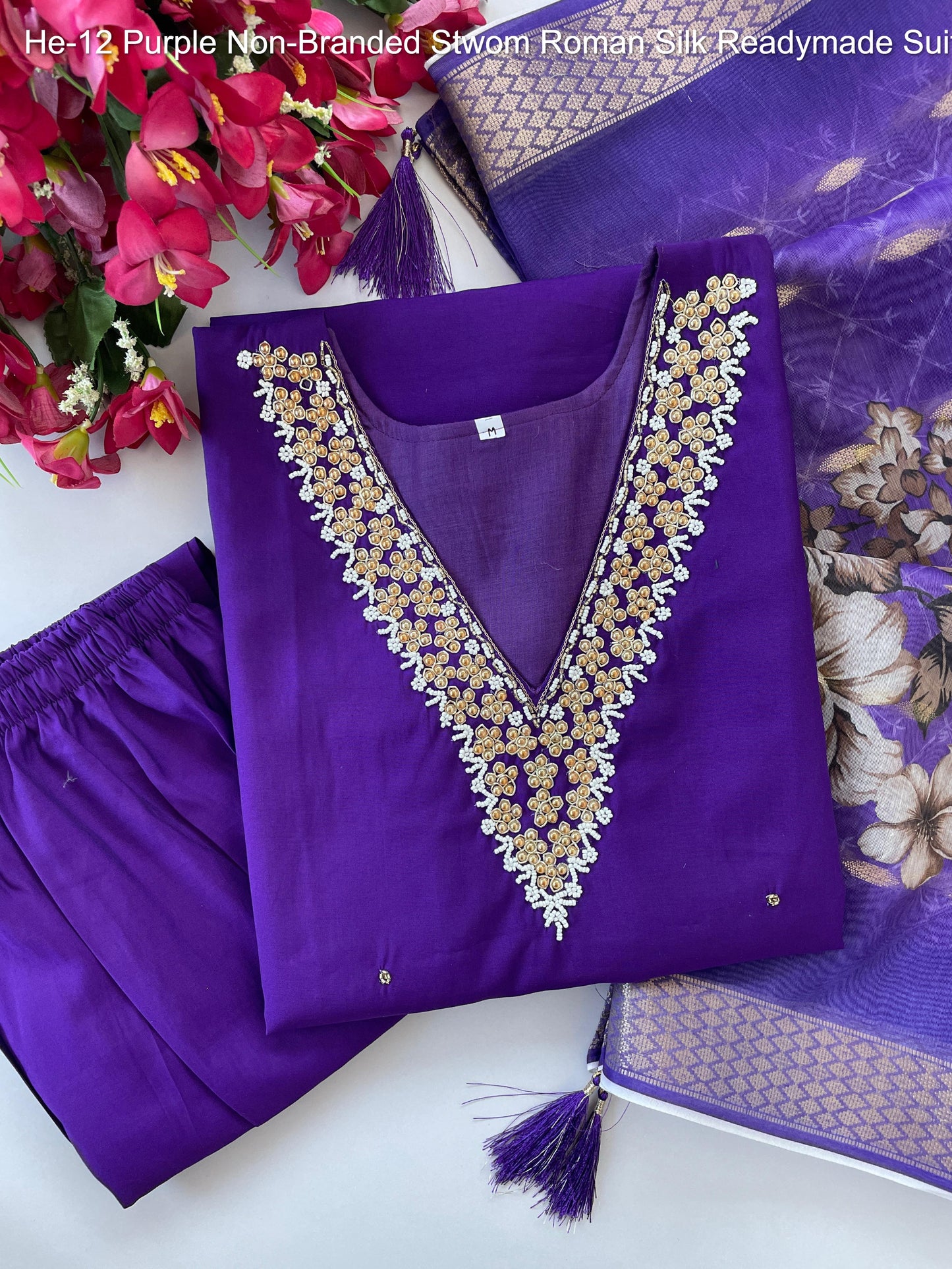 He-12 Purple Non-Branded Stwom Roman Silk Readymade Suits