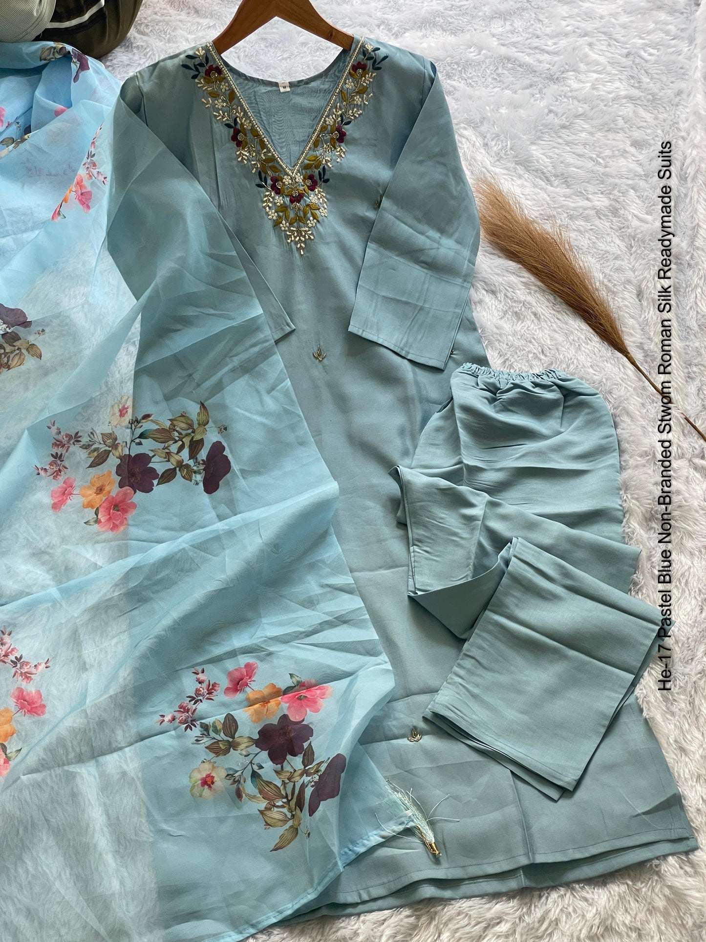 He-17 Pastel Blue Non-Branded Stwom Roman Silk Readymade Suits