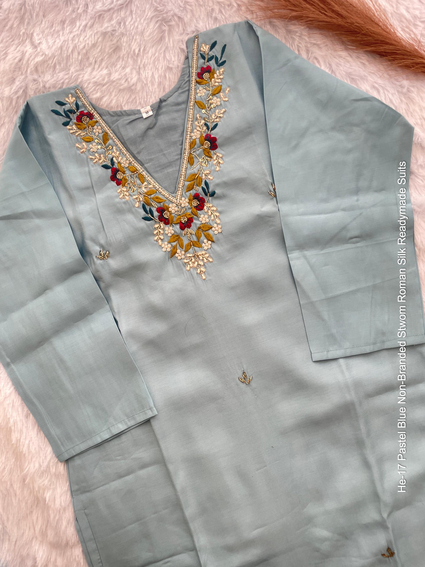 He-17 Pastel Blue Non-Branded Stwom Roman Silk Readymade Suits