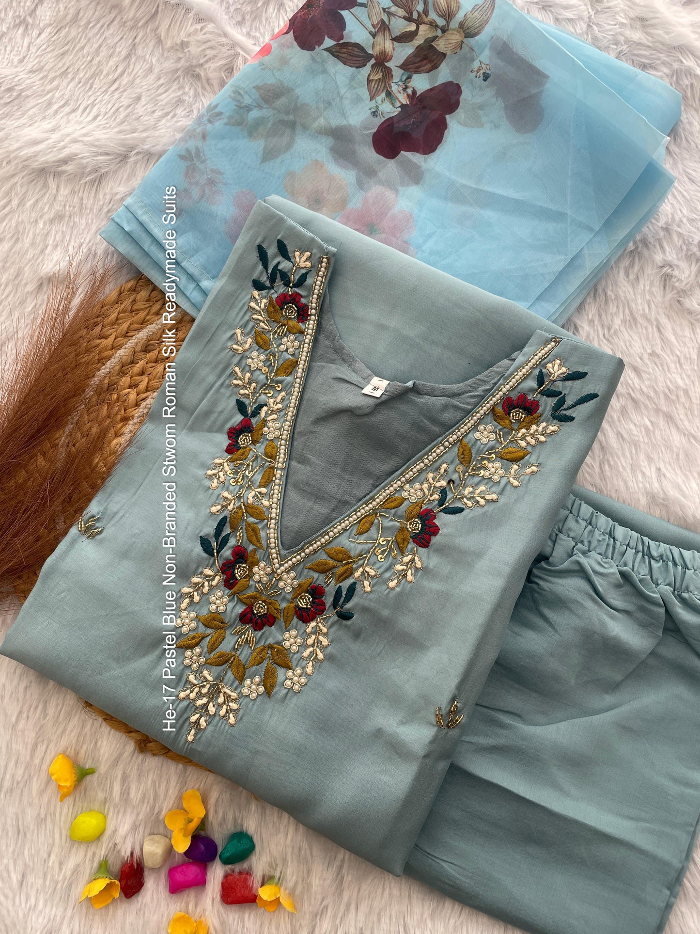 He-17 Pastel Blue Non-Branded Stwom Roman Silk Readymade Suits
