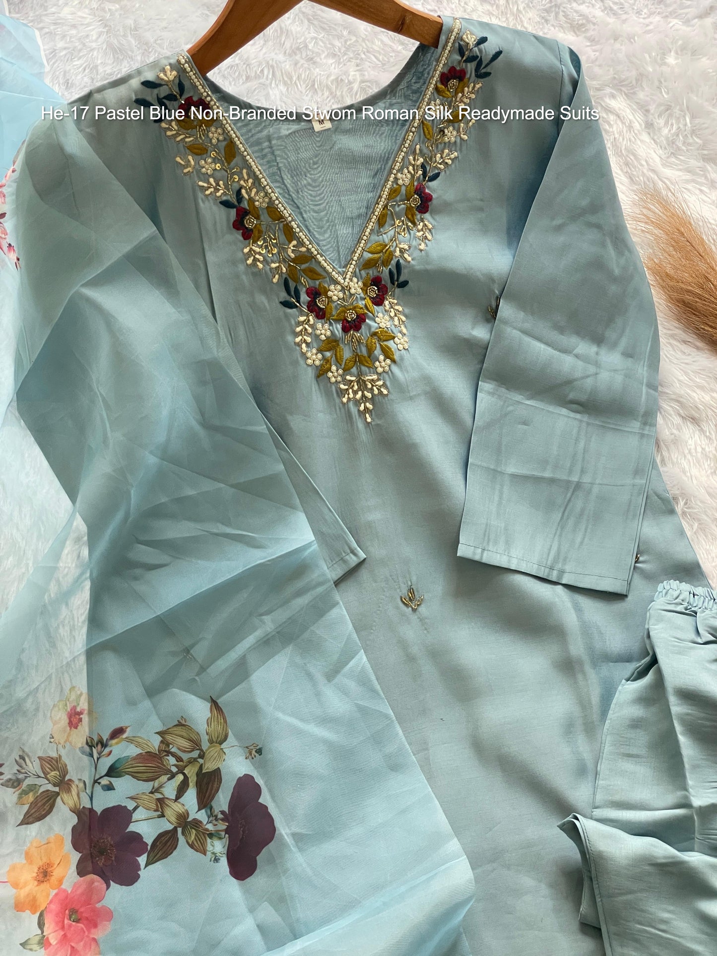 He-17 Pastel Blue Non-Branded Stwom Roman Silk Readymade Suits