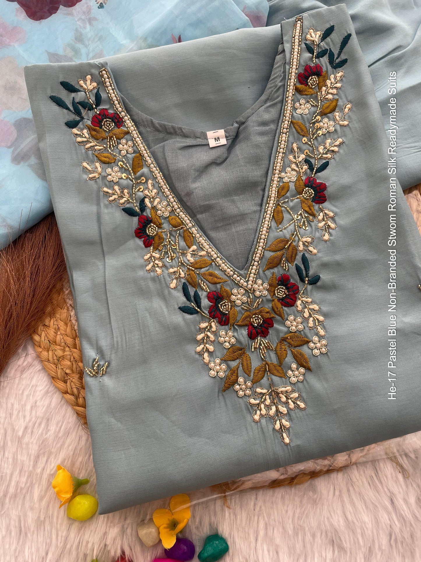 He-17 Pastel Blue Non-Branded Stwom Roman Silk Readymade Suits