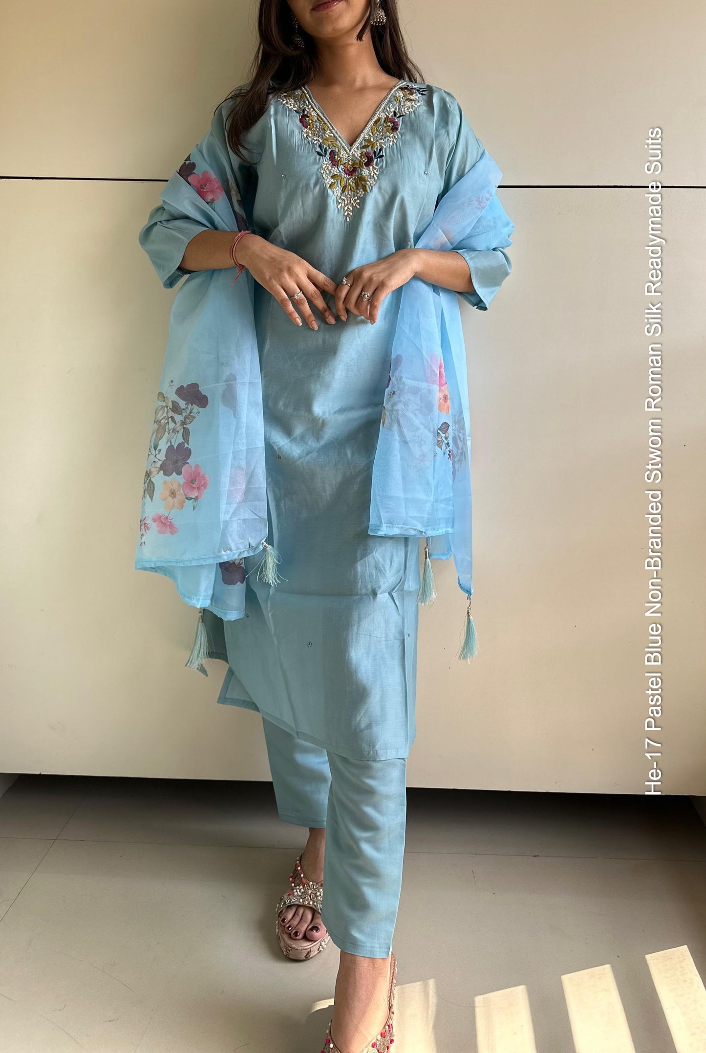 He-17 Pastel Blue Non-Branded Stwom Roman Silk Readymade Suits