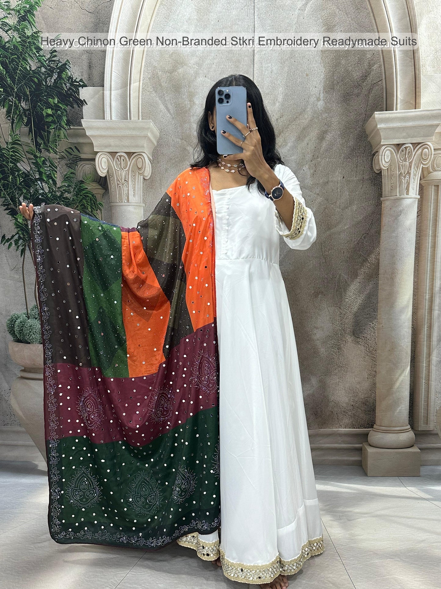 Heavy Chinon Green Non-Branded Stkri Embroidery Readymade Suits