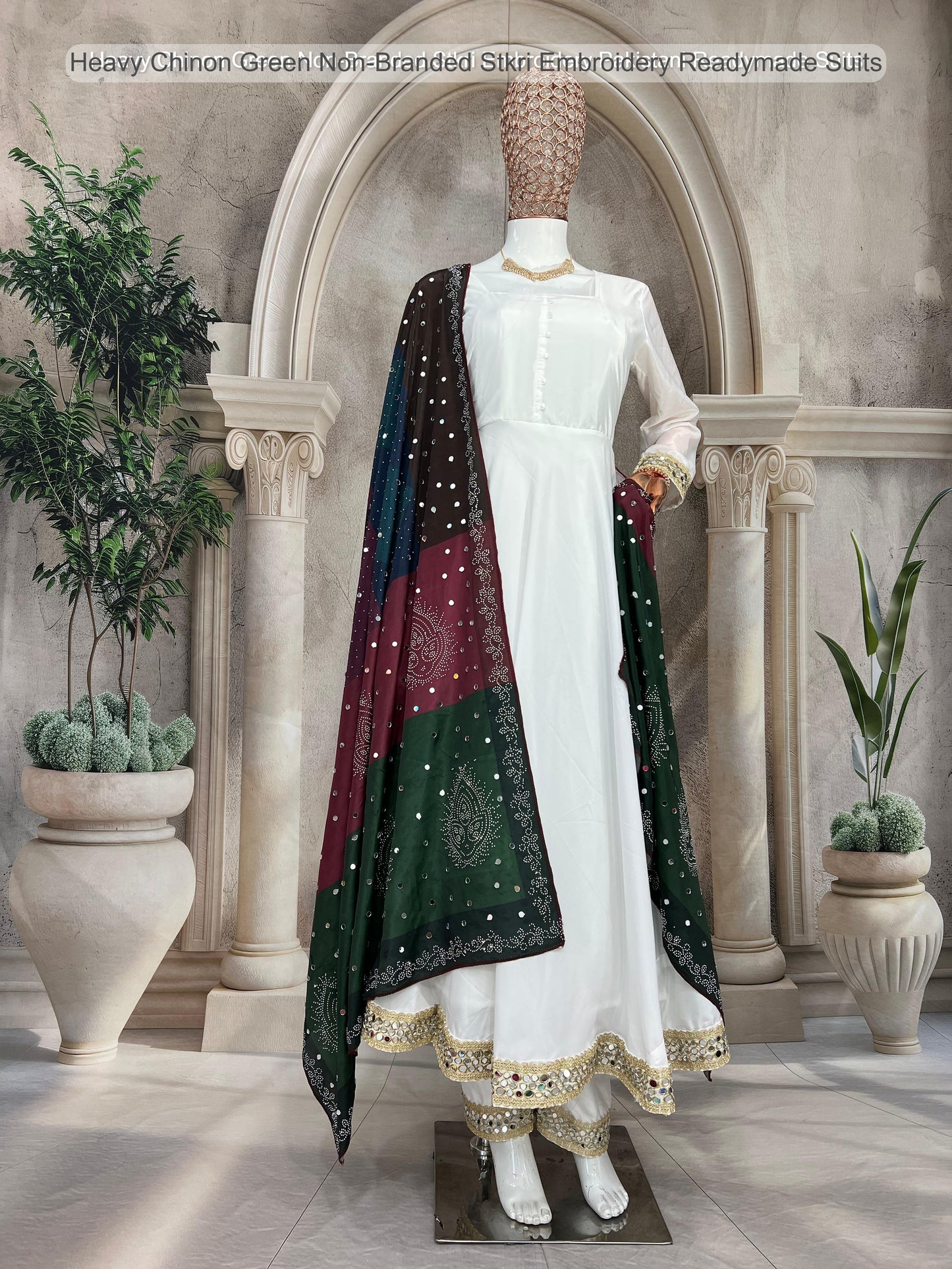 Heavy Chinon Green Non-Branded Stkri Embroidery Readymade Suits