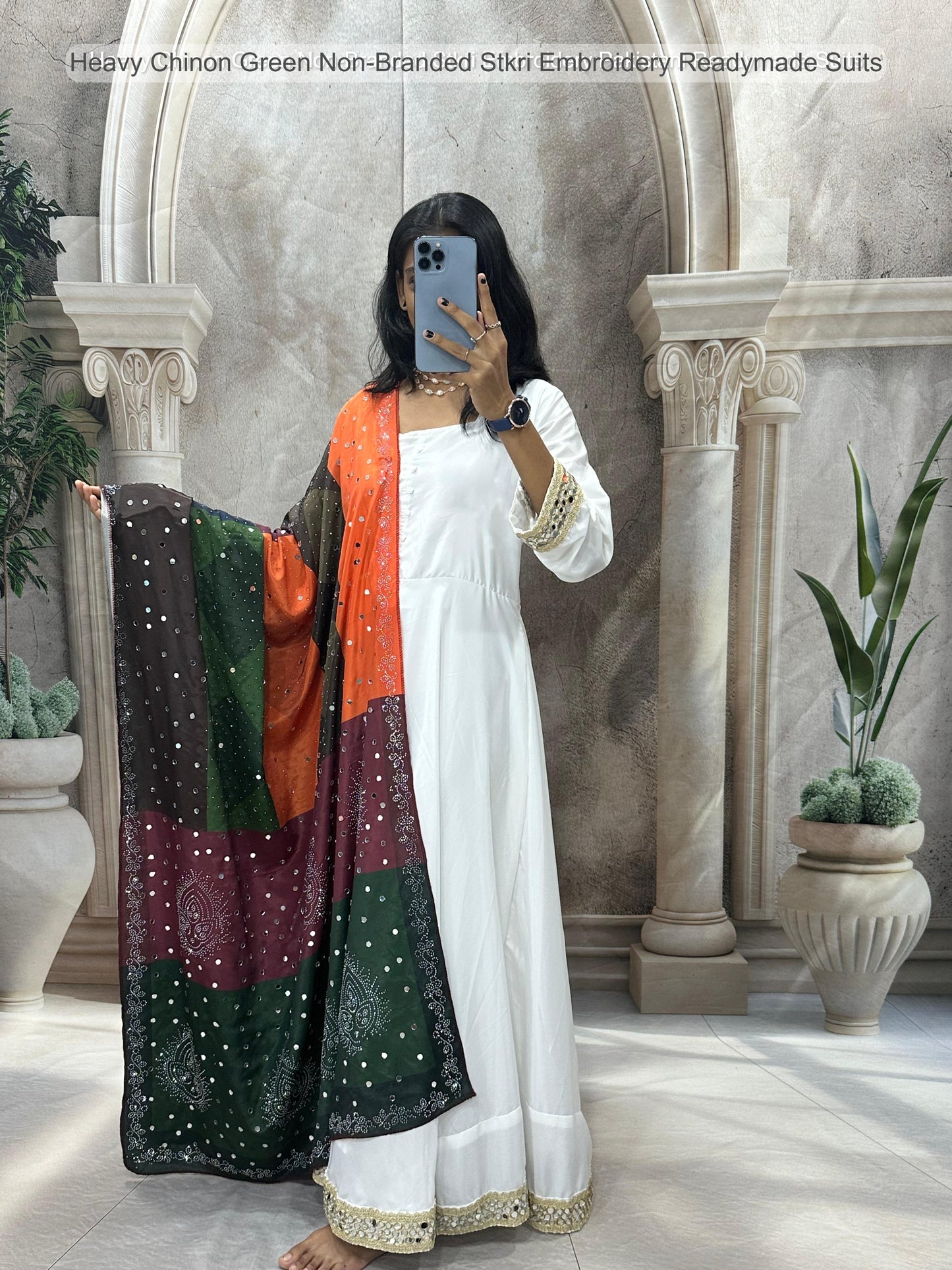 Heavy Chinon Green Non-Branded Stkri Embroidery Readymade Suits