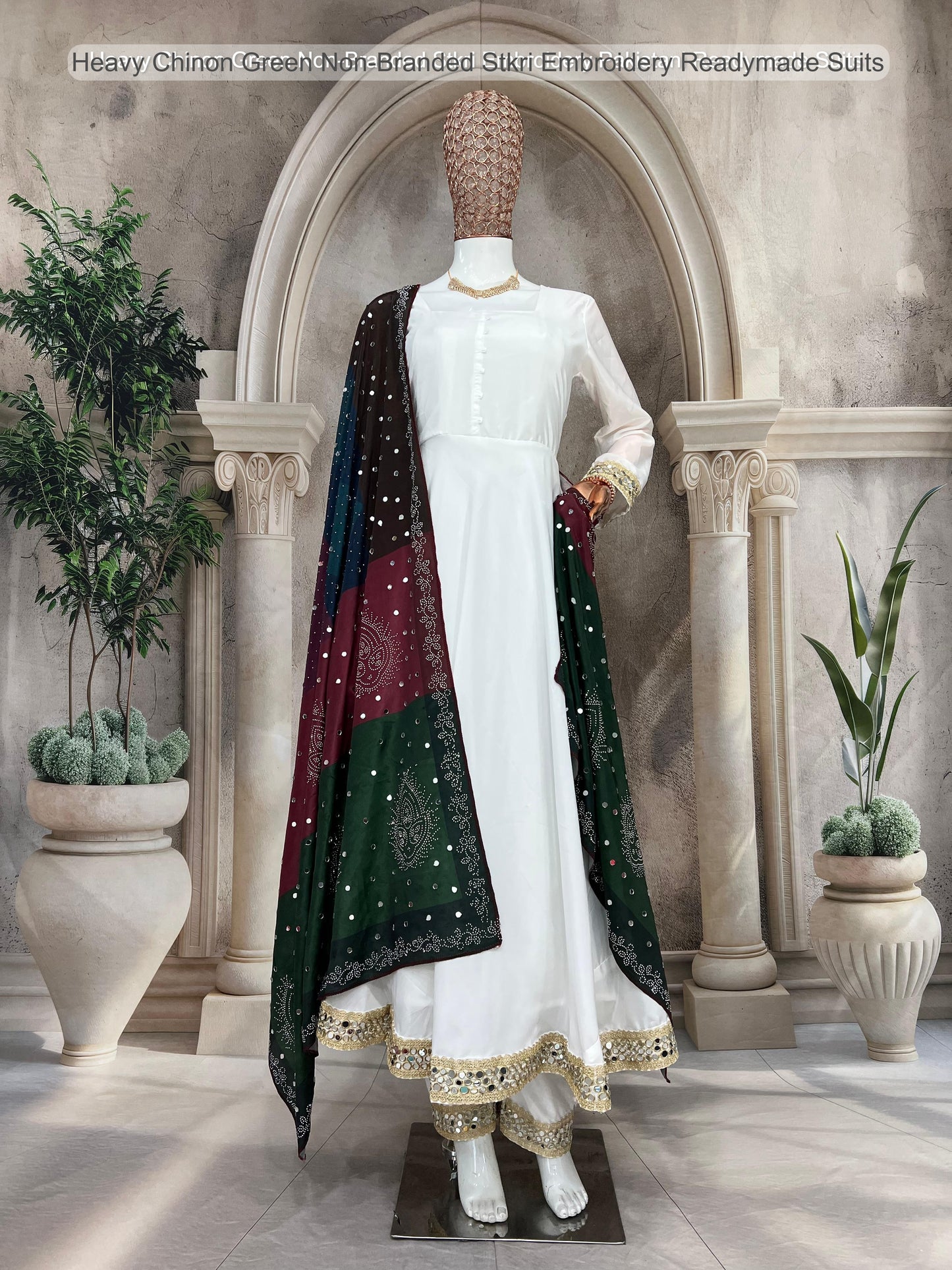 Heavy Chinon Green Non-Branded Stkri Embroidery Readymade Suits