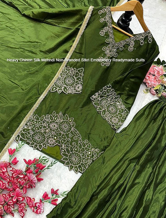 Heavy Chinon Silk Mehndi Non-Branded Stkri Embroidery Readymade Suits