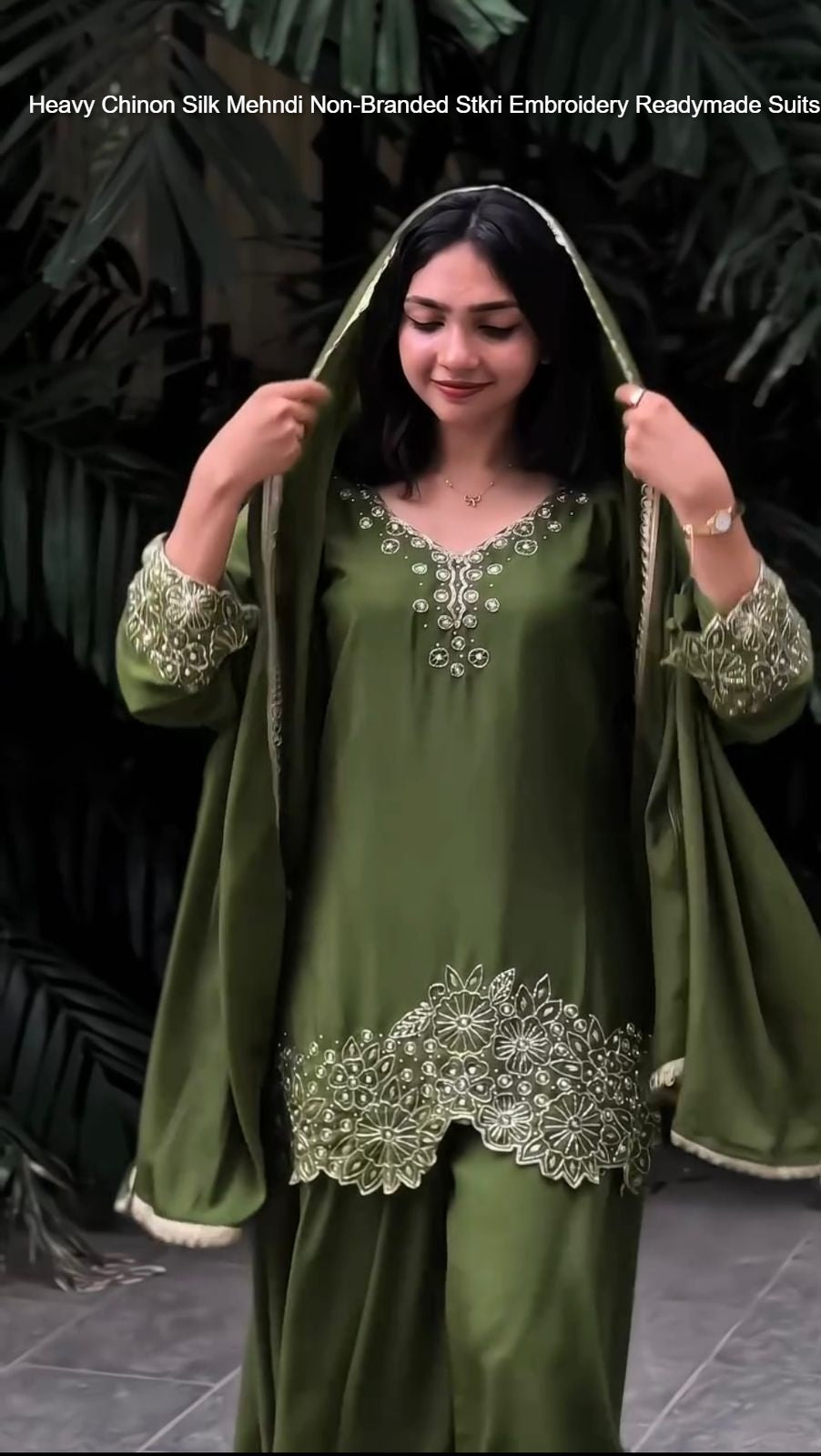Heavy Chinon Silk Mehndi Non-Branded Stkri Embroidery Readymade Suits