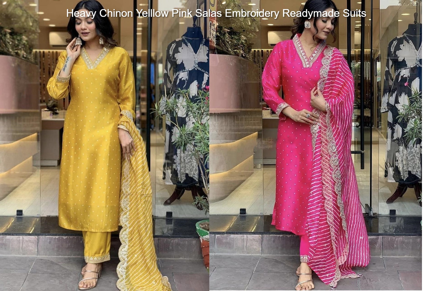 Heavy Chinon Yelllow Pink Salas Embroidery Readymade Suits