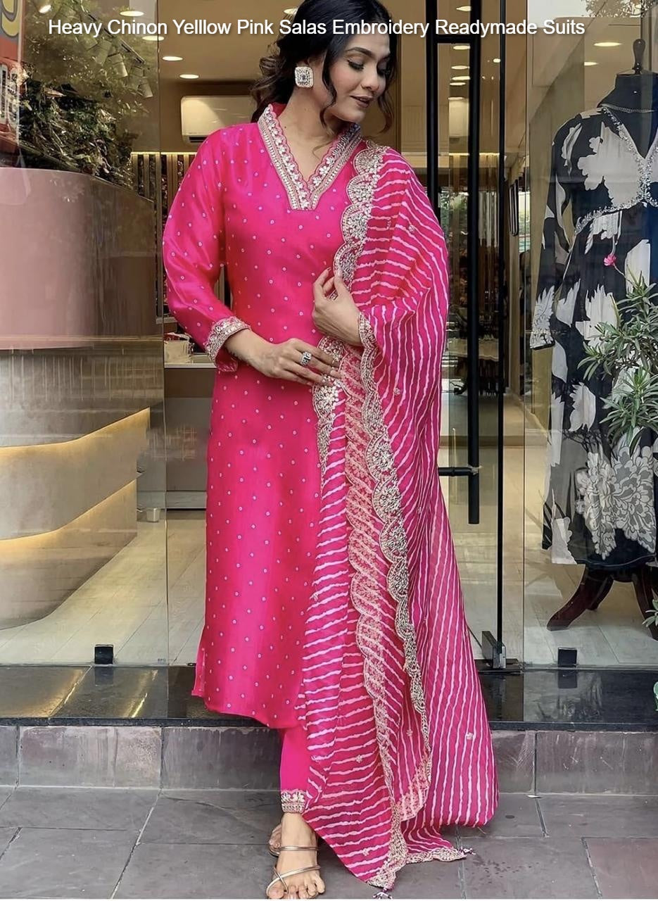 Heavy Chinon Yelllow Pink Salas Embroidery Readymade Suits