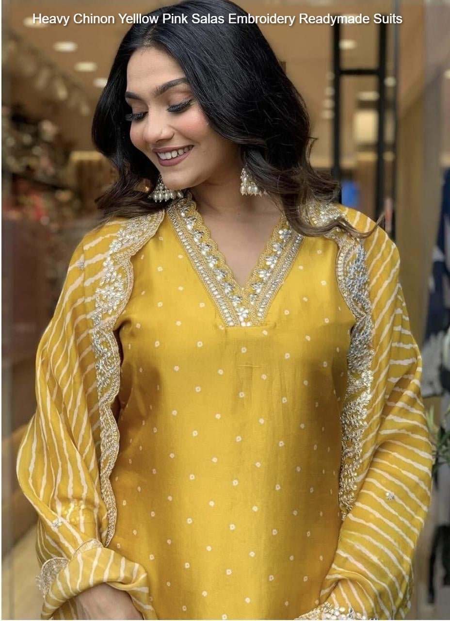 Heavy Chinon Yelllow Pink Salas Embroidery Readymade Suits