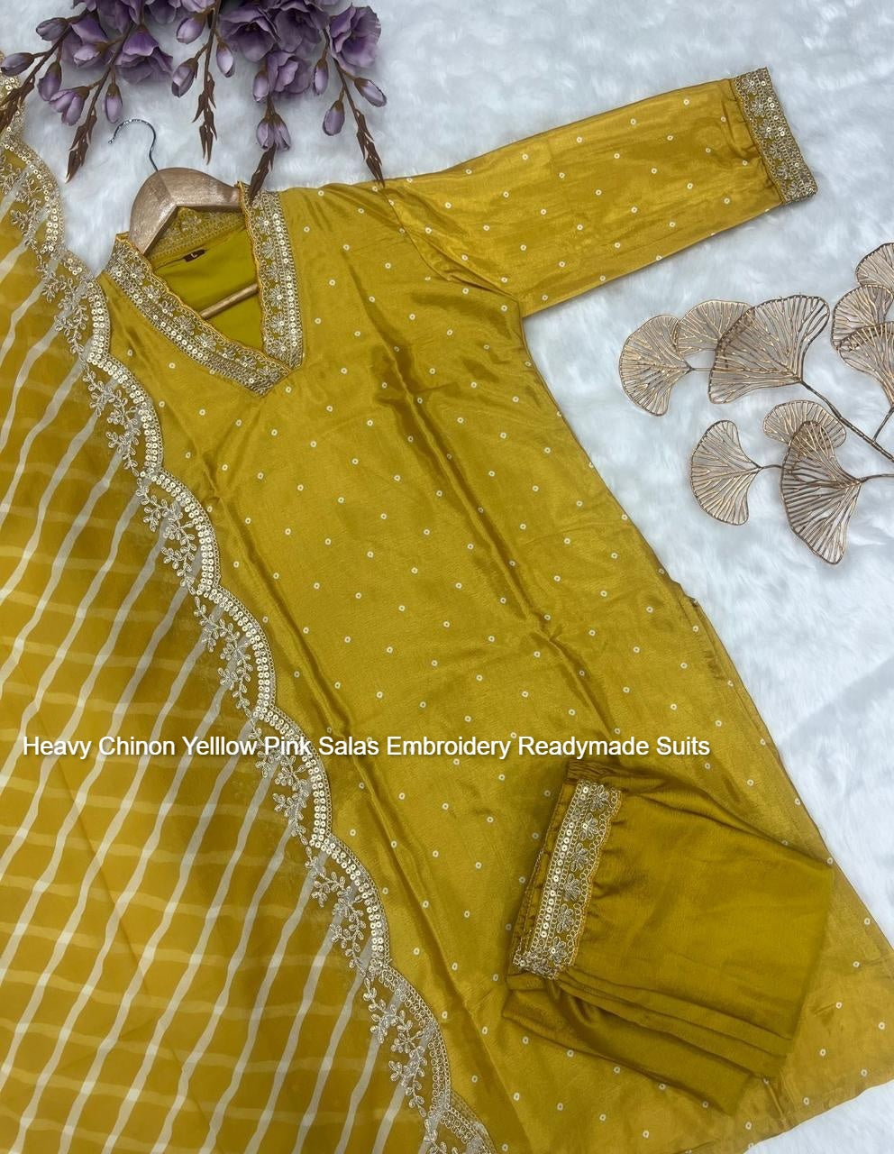 Heavy Chinon Yelllow Pink Salas Embroidery Readymade Suits