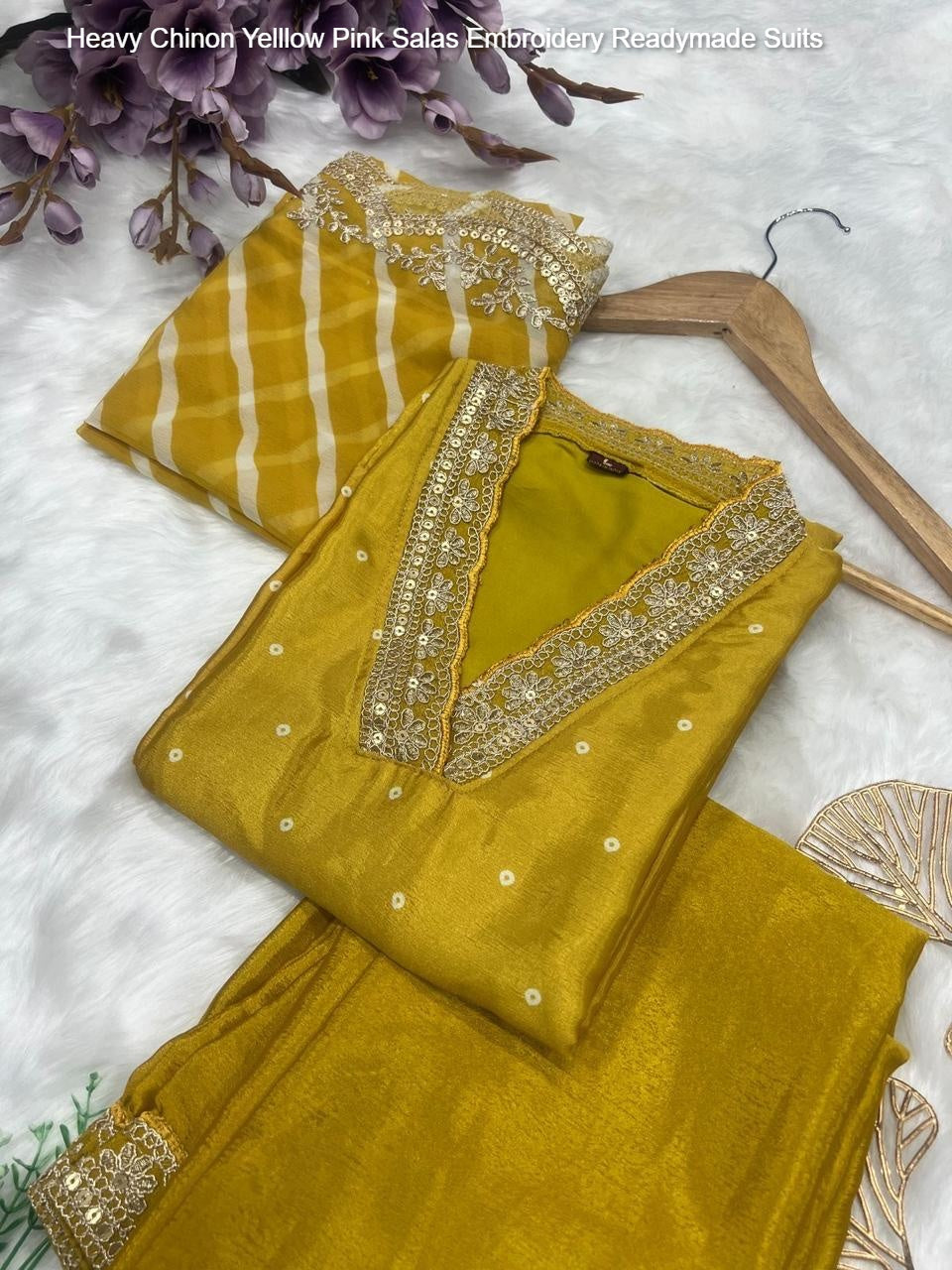 Heavy Chinon Yelllow Pink Salas Embroidery Readymade Suits