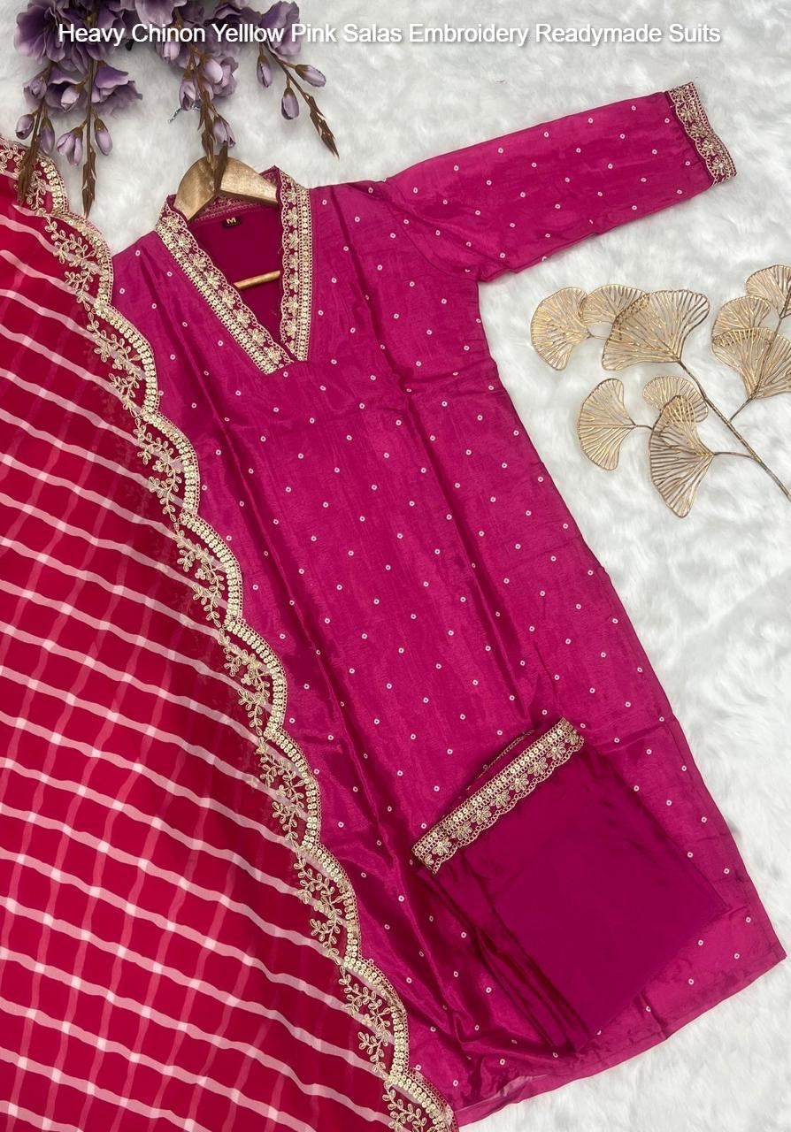 Heavy Chinon Yelllow Pink Salas Embroidery Readymade Suits