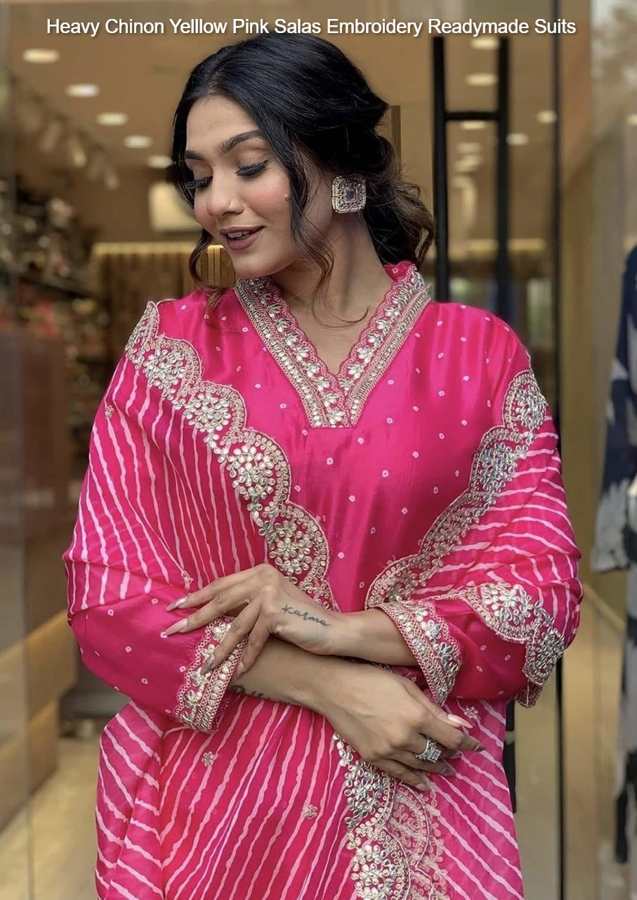 Heavy Chinon Yelllow Pink Salas Embroidery Readymade Suits
