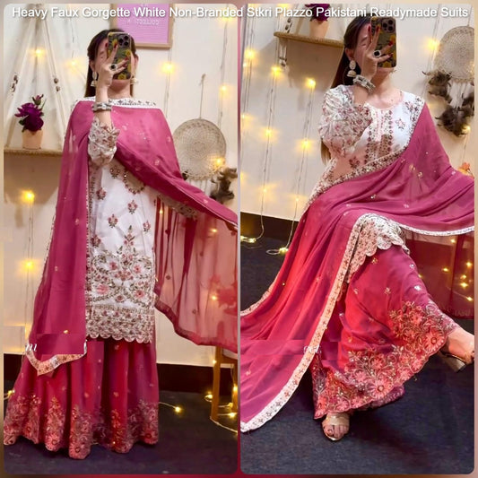 Heavy Faux Gorgette White Non-Branded Stkri Plazzo Pakistani Readymade Suits