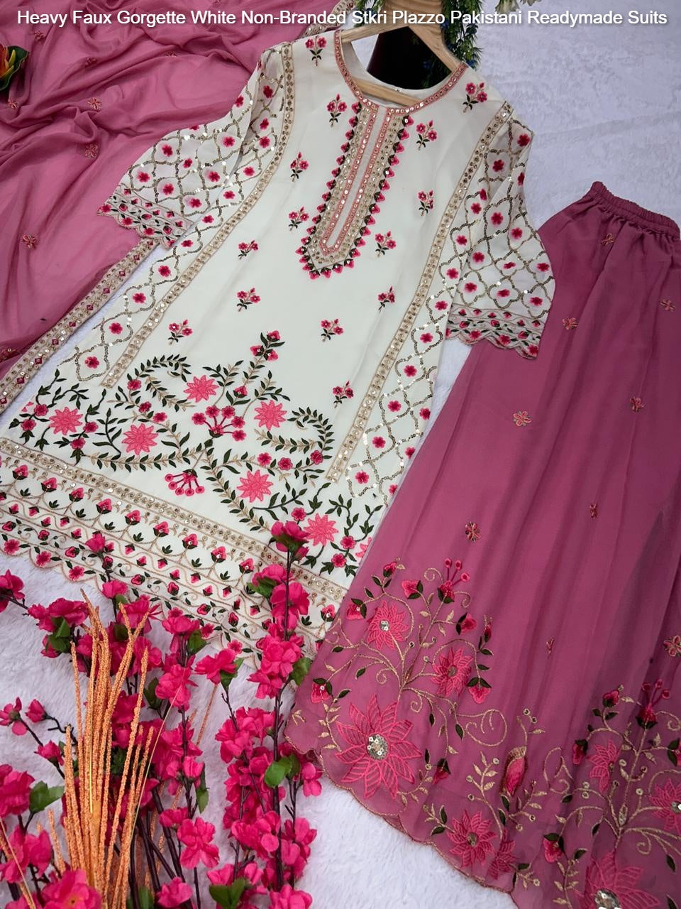 Heavy Faux Gorgette White Non-Branded Stkri Plazzo Pakistani Readymade Suits