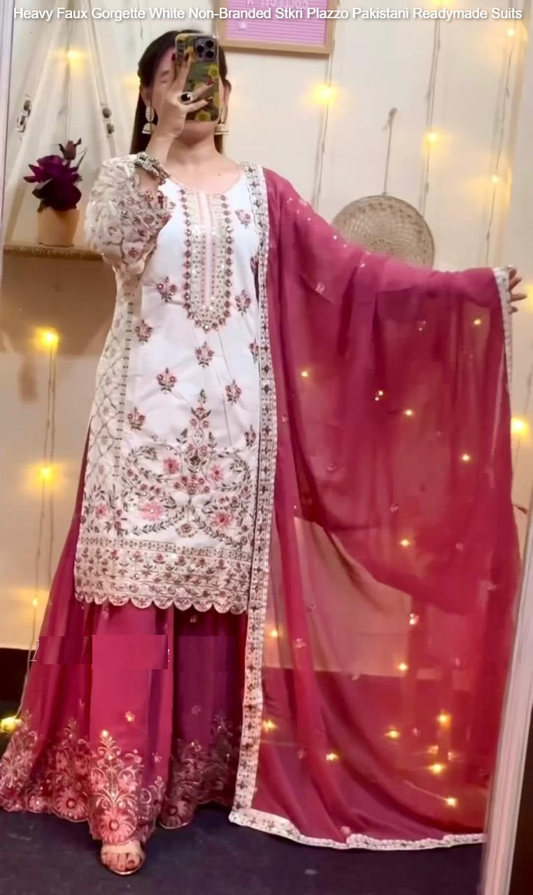 Heavy Faux Gorgette White Non-Branded Stkri Plazzo Pakistani Readymade Suits