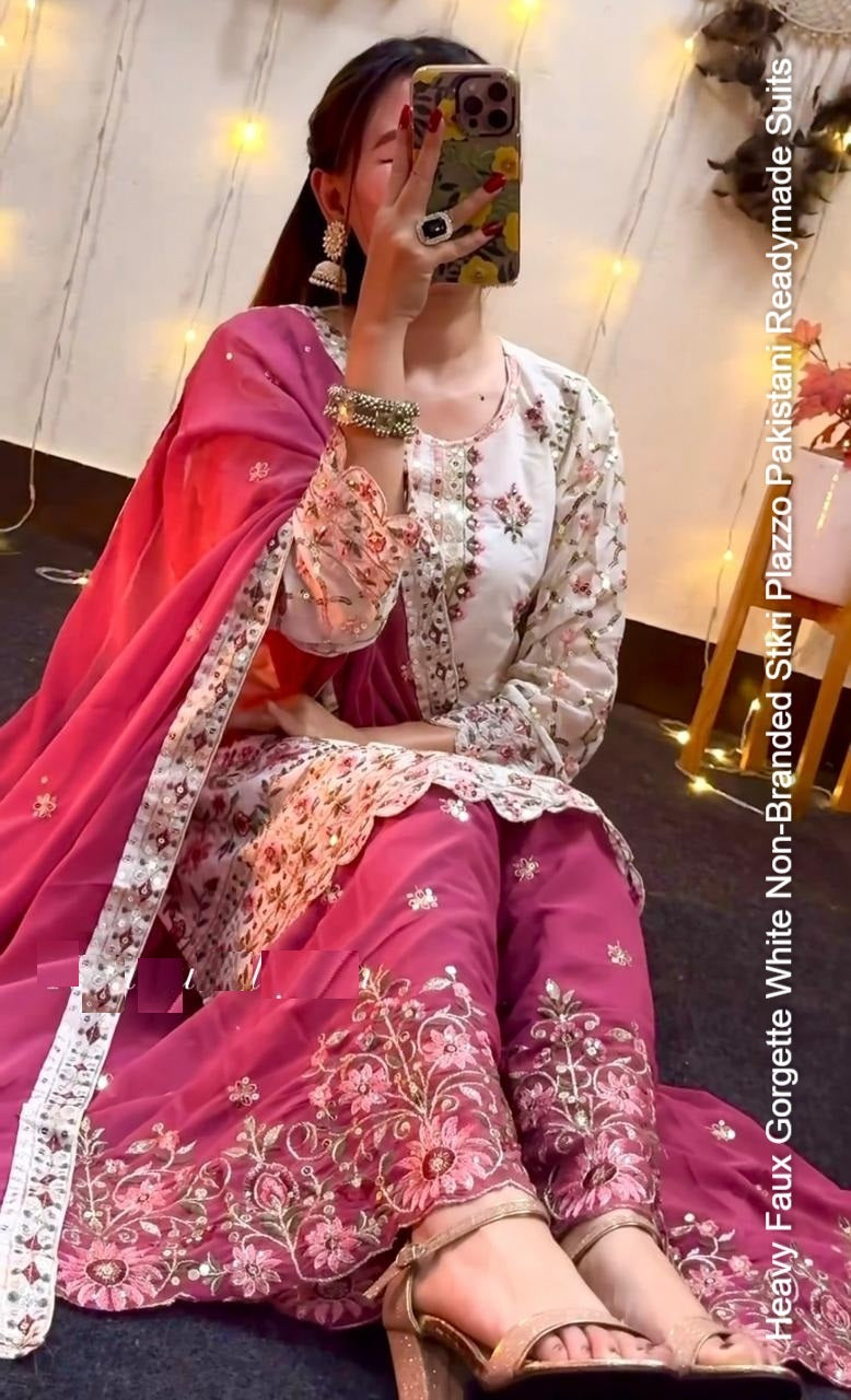 Heavy Faux Gorgette White Non-Branded Stkri Plazzo Pakistani Readymade Suits