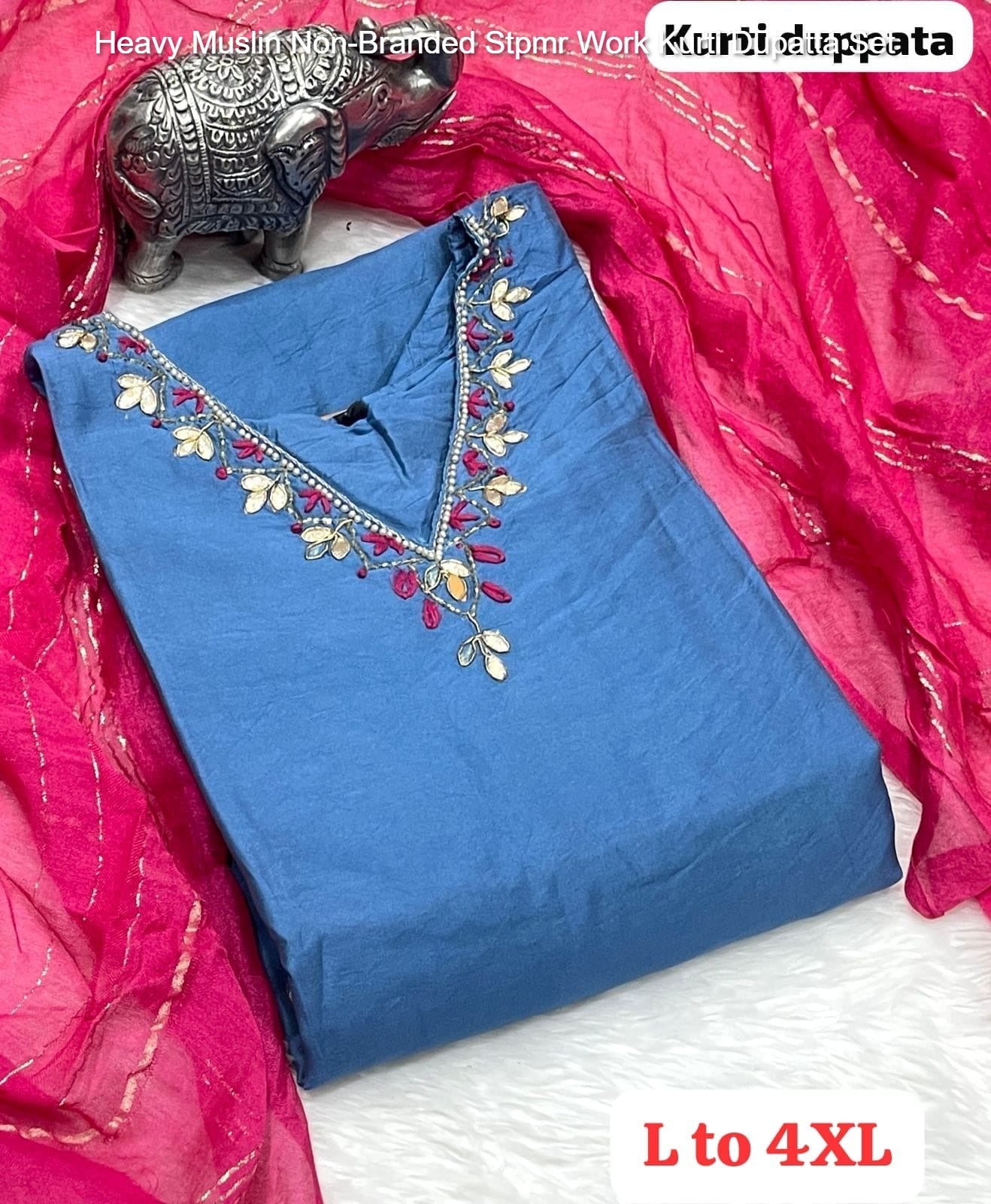 Heavy Muslin Non-Branded Stpmr Work Kurti Dupatta Set