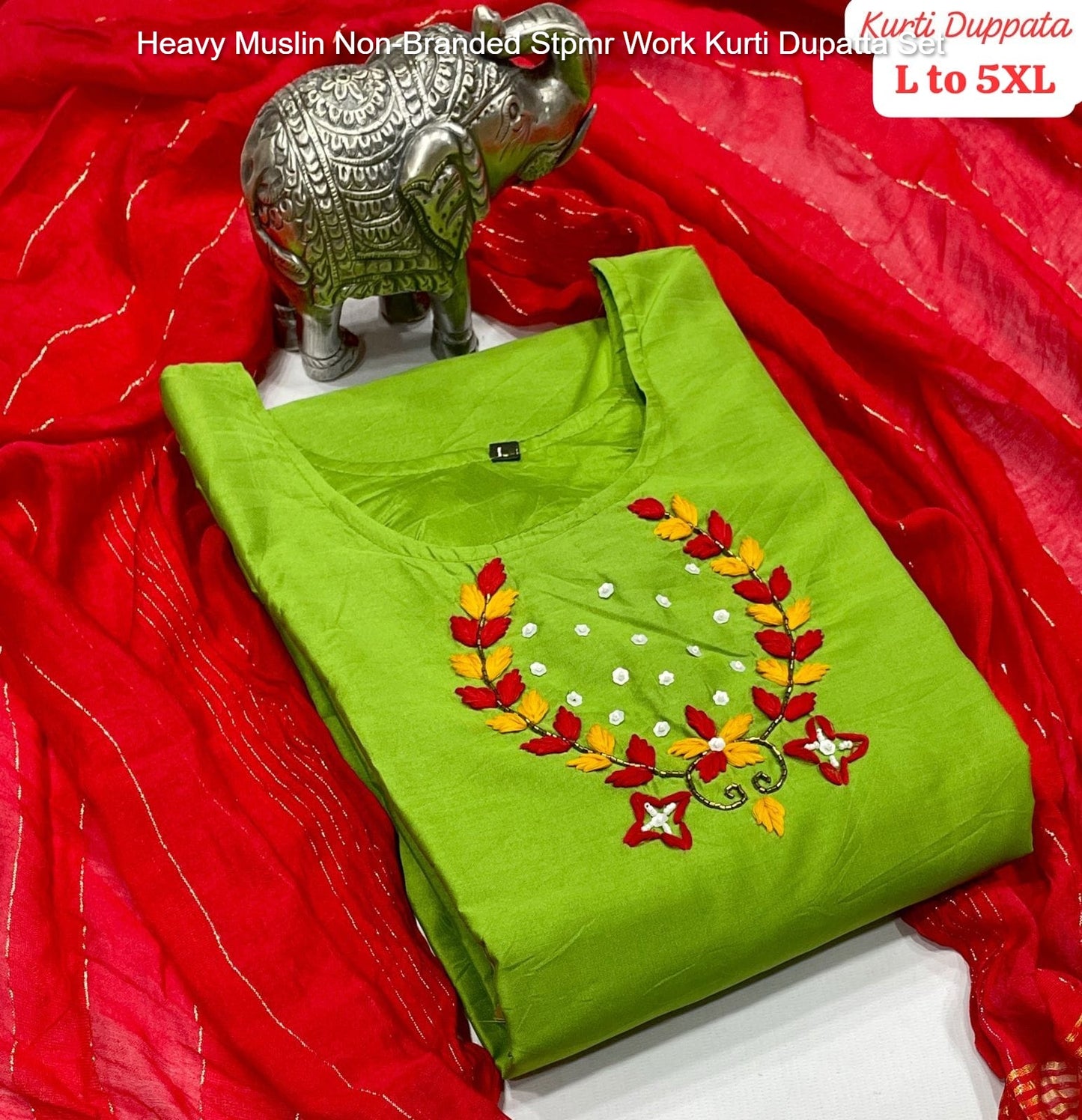 Heavy Muslin Non-Branded Stpmr Work Kurti Dupatta Set