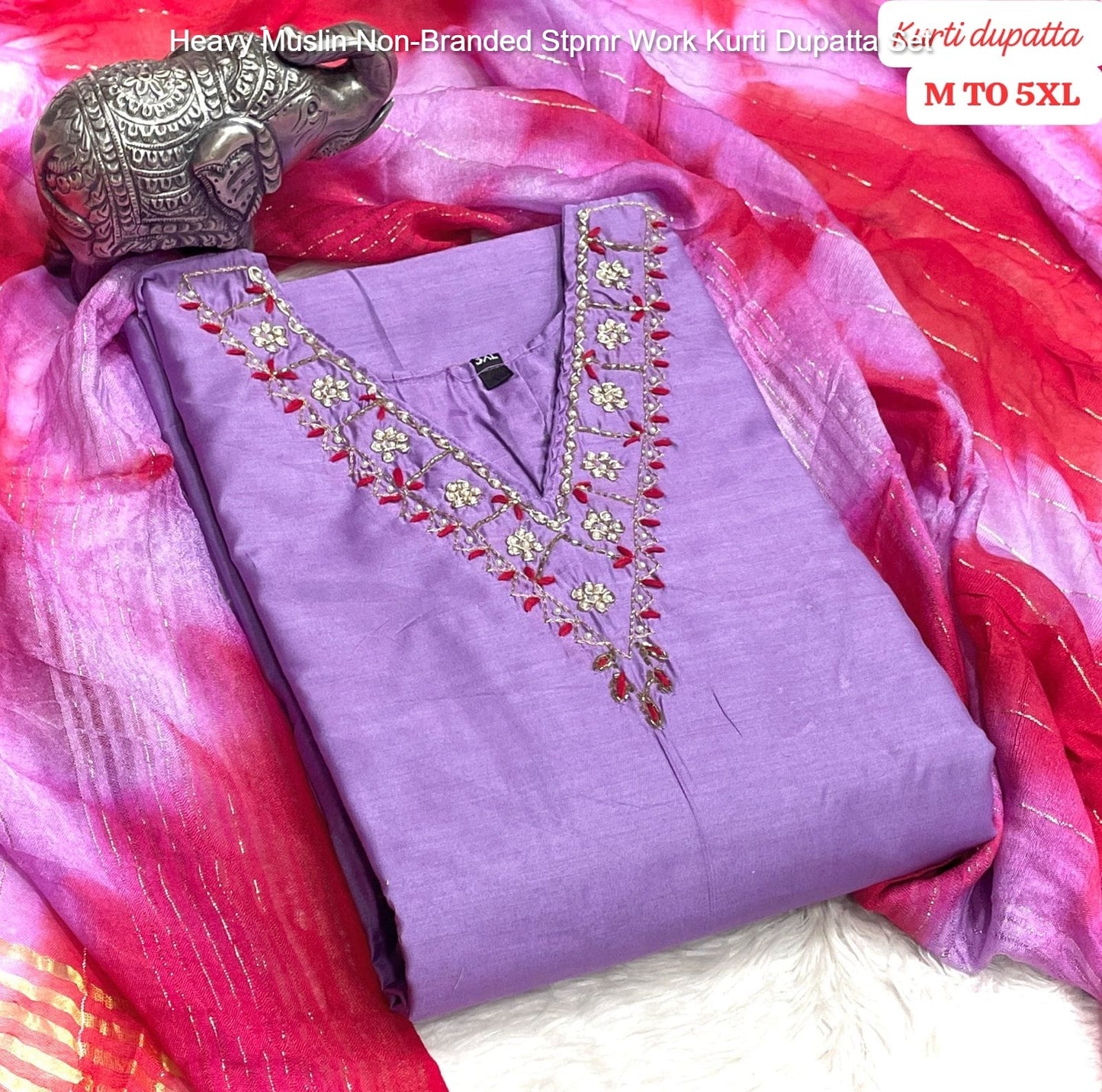 Heavy Muslin Non-Branded Stpmr Work Kurti Dupatta Set