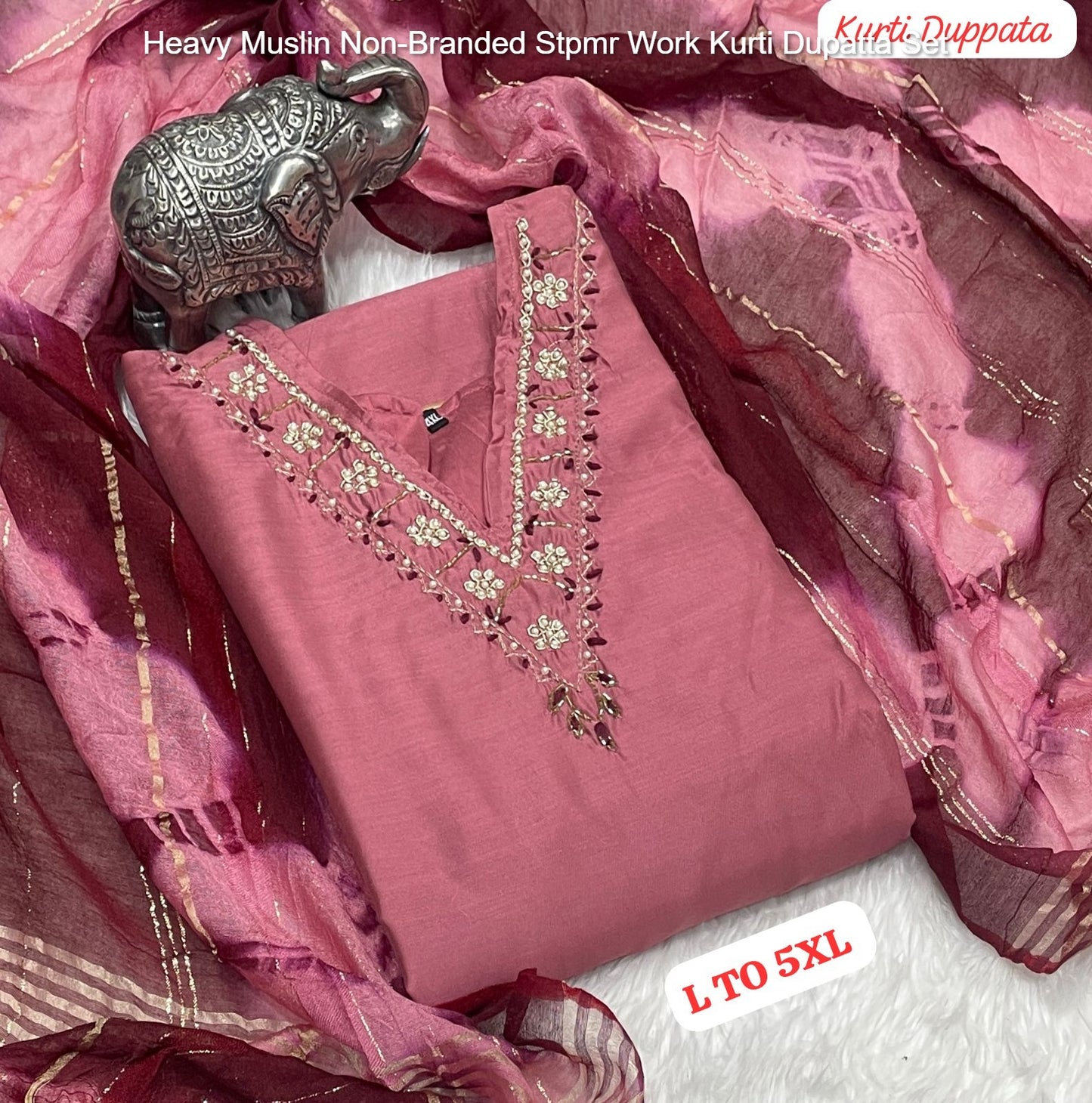 Heavy Muslin Non-Branded Stpmr Work Kurti Dupatta Set