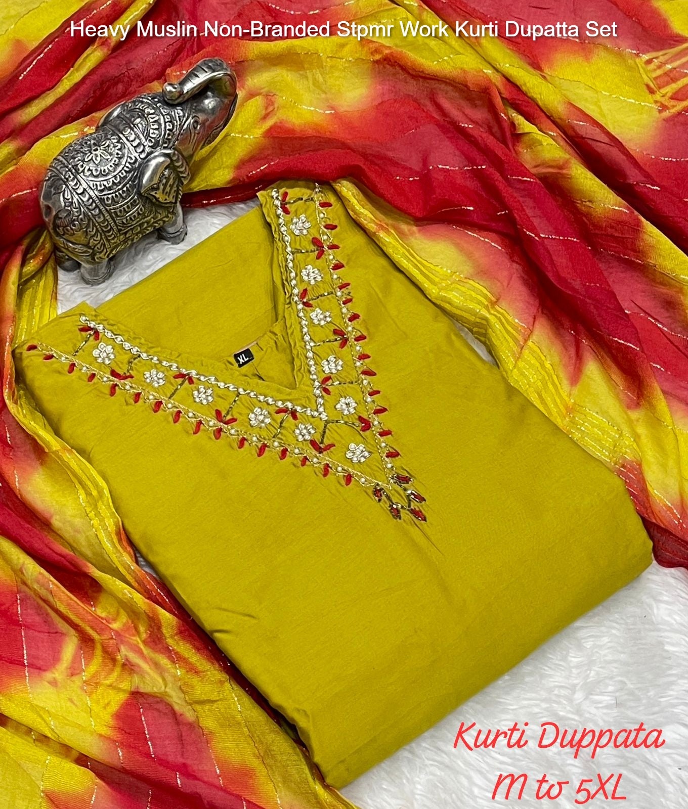 Heavy Muslin Non-Branded Stpmr Work Kurti Dupatta Set