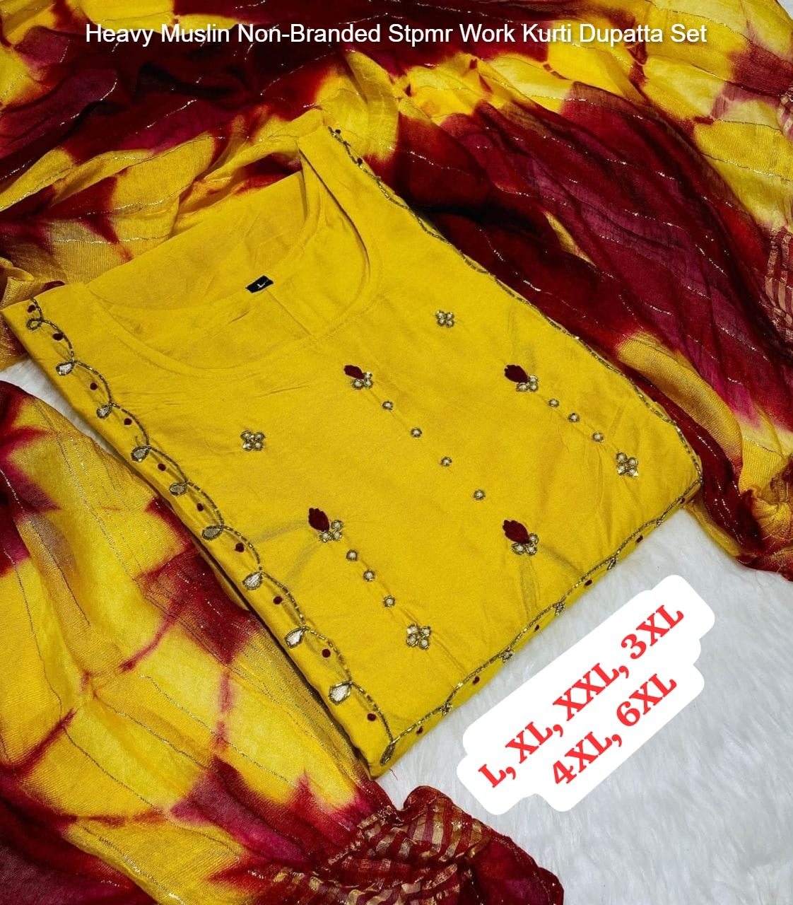 Heavy Muslin Non-Branded Stpmr Work Kurti Dupatta Set