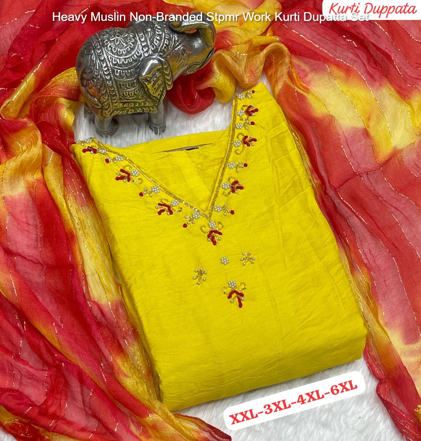 Heavy Muslin Non-Branded Stpmr Work Kurti Dupatta Set