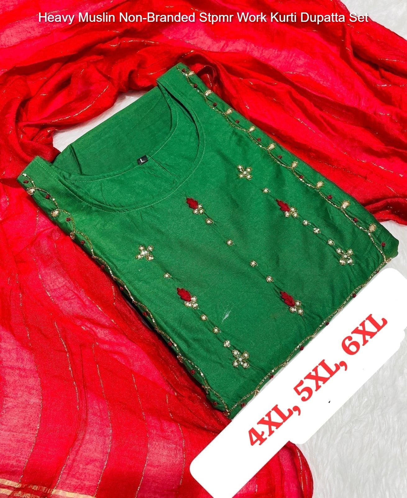 Heavy Muslin Non-Branded Stpmr Work Kurti Dupatta Set
