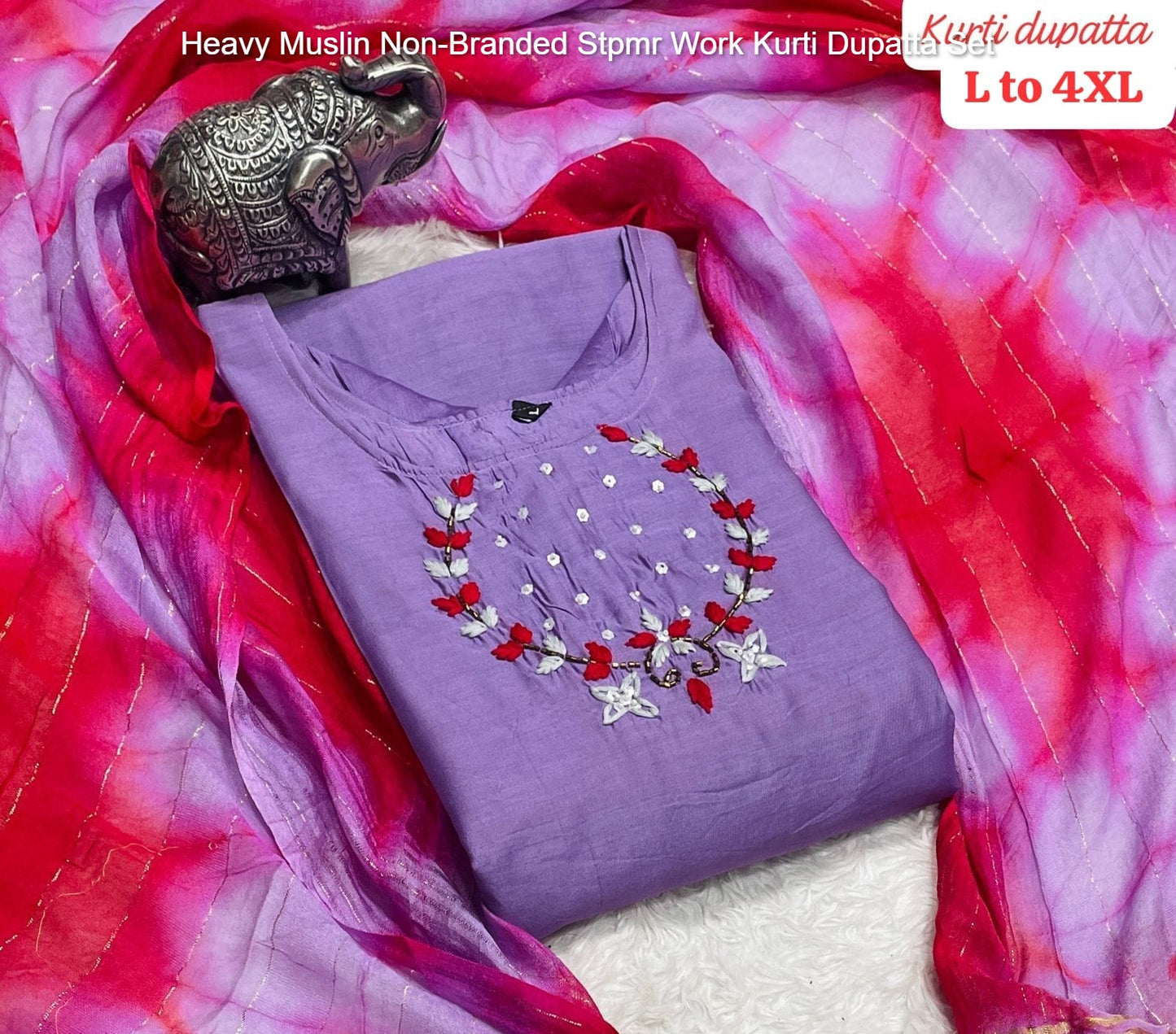 Heavy Muslin Non-Branded Stpmr Work Kurti Dupatta Set