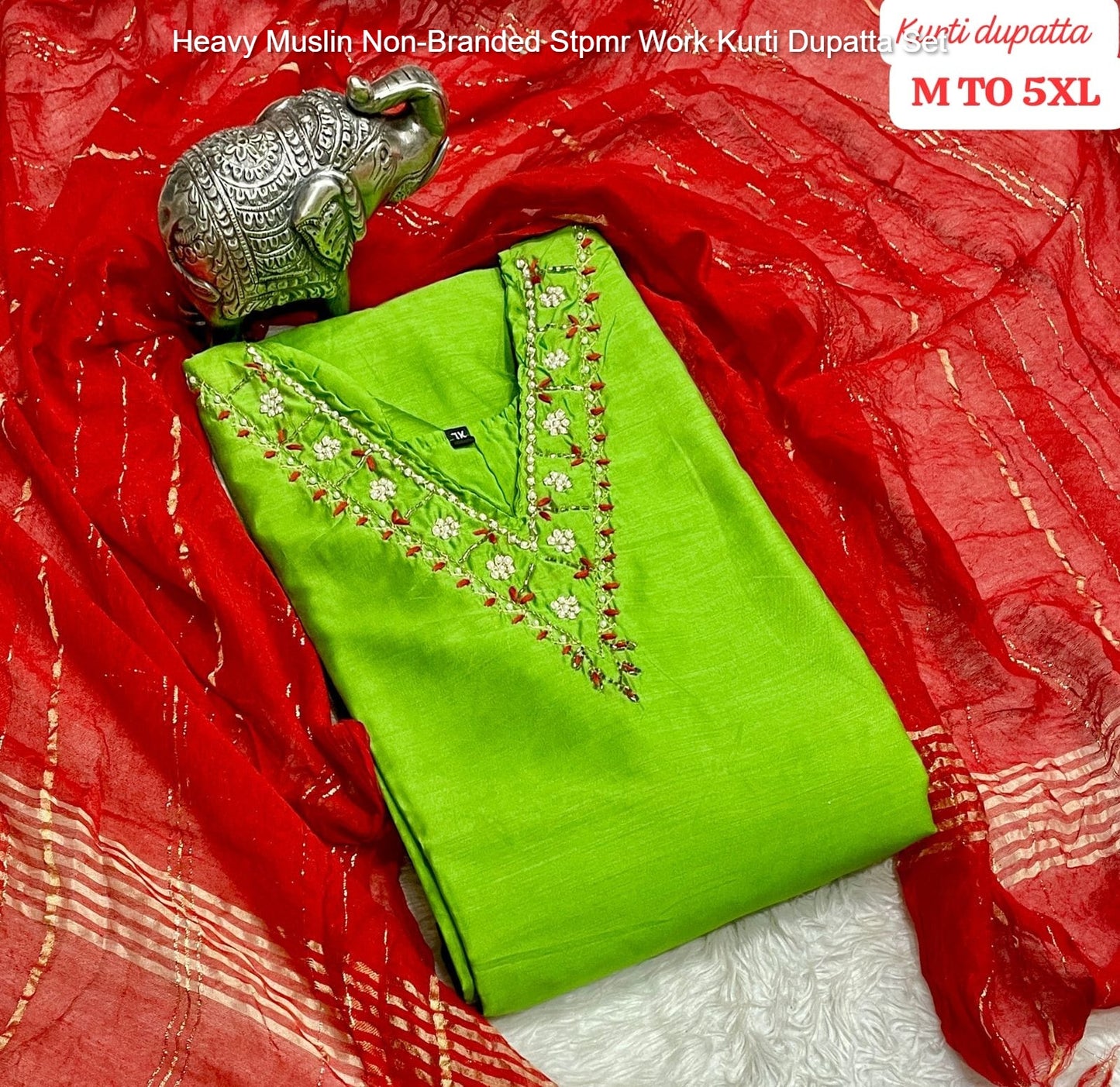 Heavy Muslin Non-Branded Stpmr Work Kurti Dupatta Set