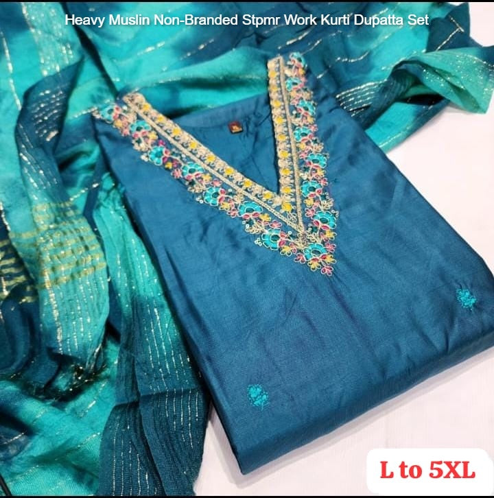 Heavy Muslin Non-Branded Stpmr Work Kurti Dupatta Set