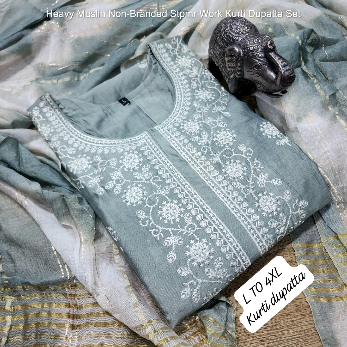 Heavy Muslin Non-Branded Stpmr Work Kurti Dupatta Set