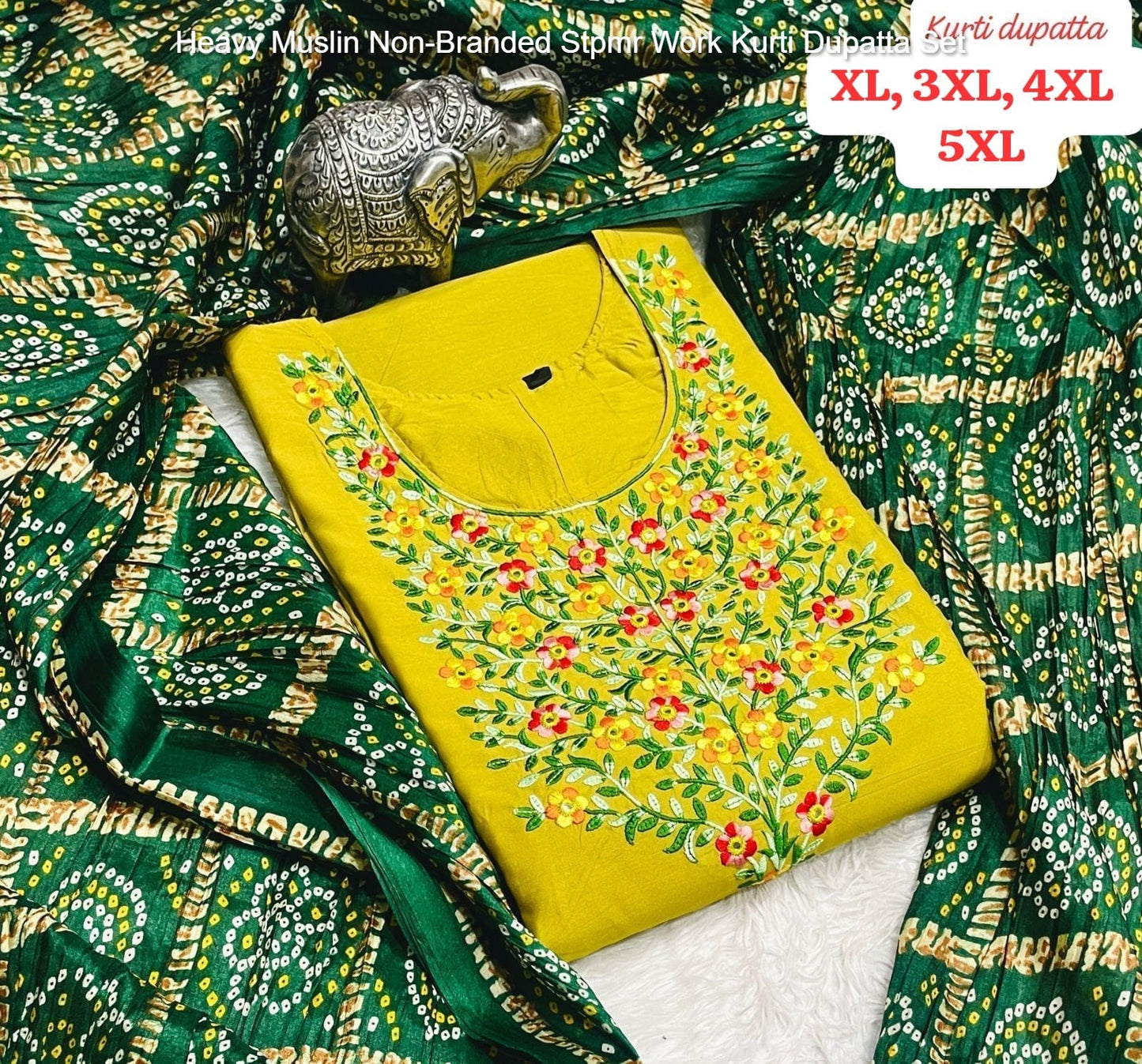Heavy Muslin Non-Branded Stpmr Work Kurti Dupatta Set