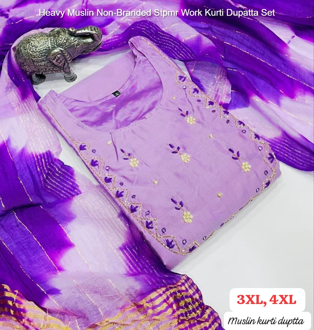 Heavy Muslin Non-Branded Stpmr Work Kurti Dupatta Set