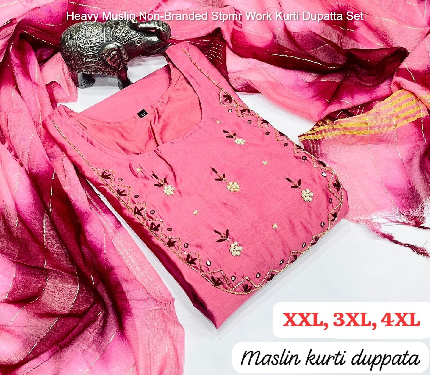 Heavy Muslin Non-Branded Stpmr Work Kurti Dupatta Set