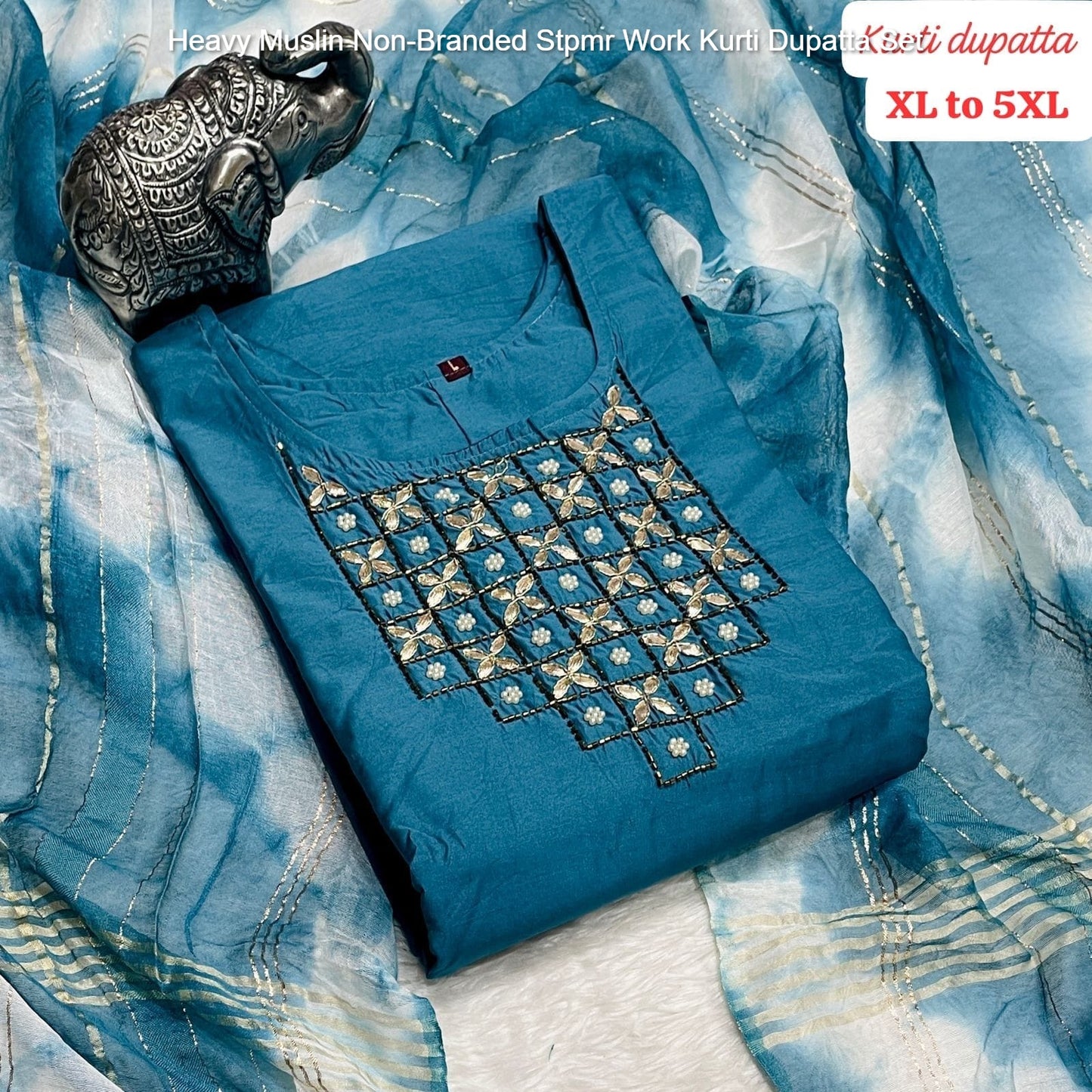 Heavy Muslin Non-Branded Stpmr Work Kurti Dupatta Set