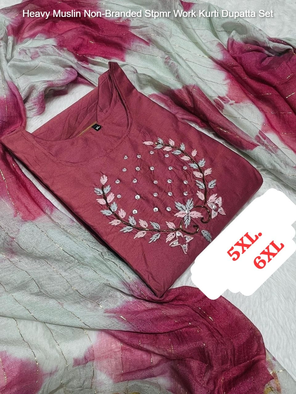 Heavy Muslin Non-Branded Stpmr Work Kurti Dupatta Set