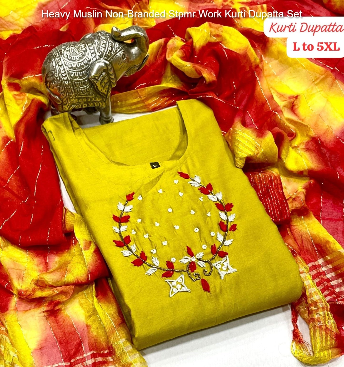 Heavy Muslin Non-Branded Stpmr Work Kurti Dupatta Set