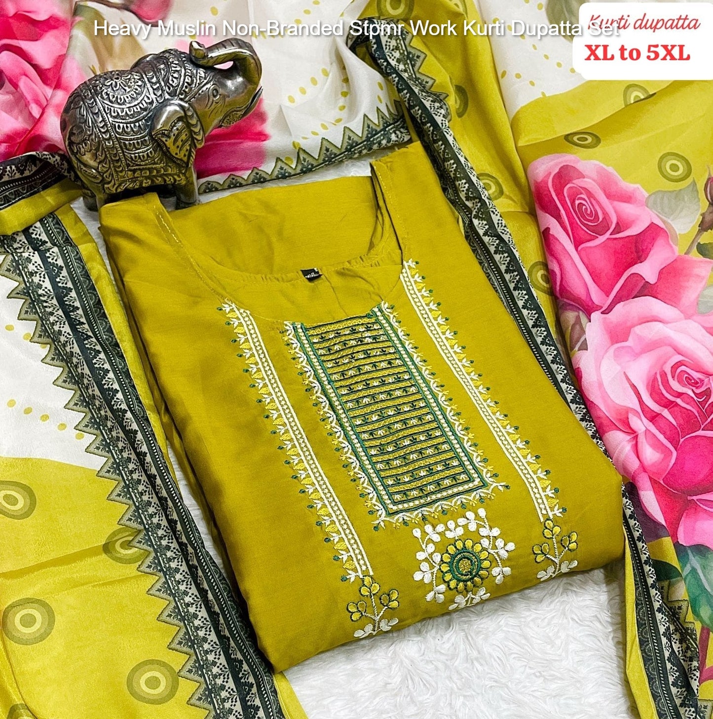 Heavy Muslin Non-Branded Stpmr Work Kurti Dupatta Set